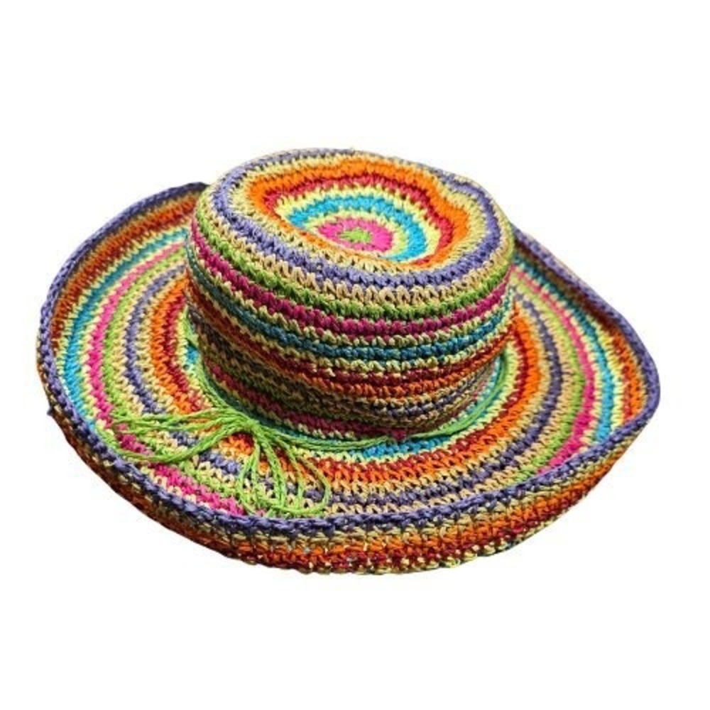Womens Rainbow Crochet Straw Sun Hat Multicolor Raffia Beach Resort Boho Garden